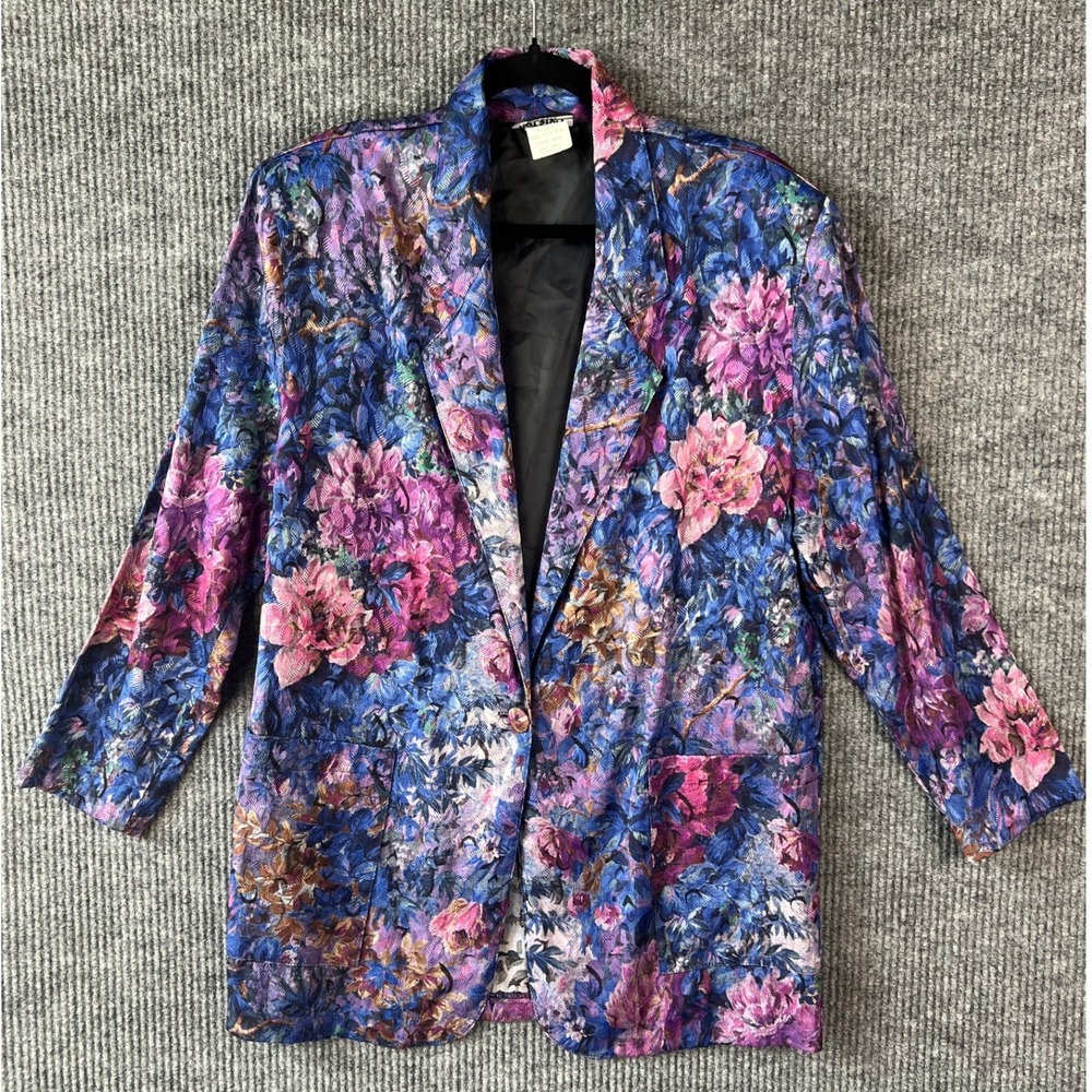 90s Whimsigoth Dark Romantic Floral Jacquard Blazer Jacket USA Made M - Picture 2 of 11